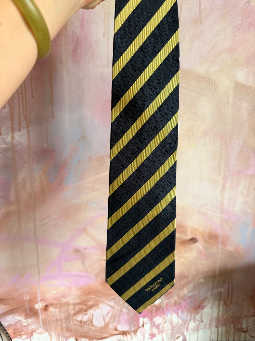 Men's Black & Yellow Striped Silk Tie - Valentino